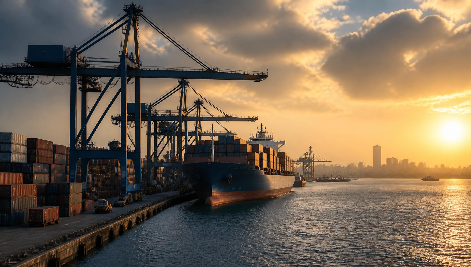 Porte-conteneurs et grues portuaires dans un port commercial d’Afrique de l’Ouest